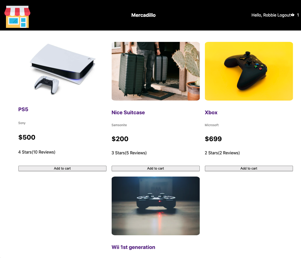 screenshot of e-commerce web app